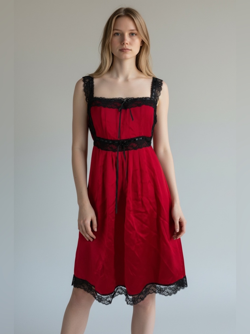 Vintage Betsey Johnson Women's Red Silk Slip Lace Trim Goth Coquette Size 4
